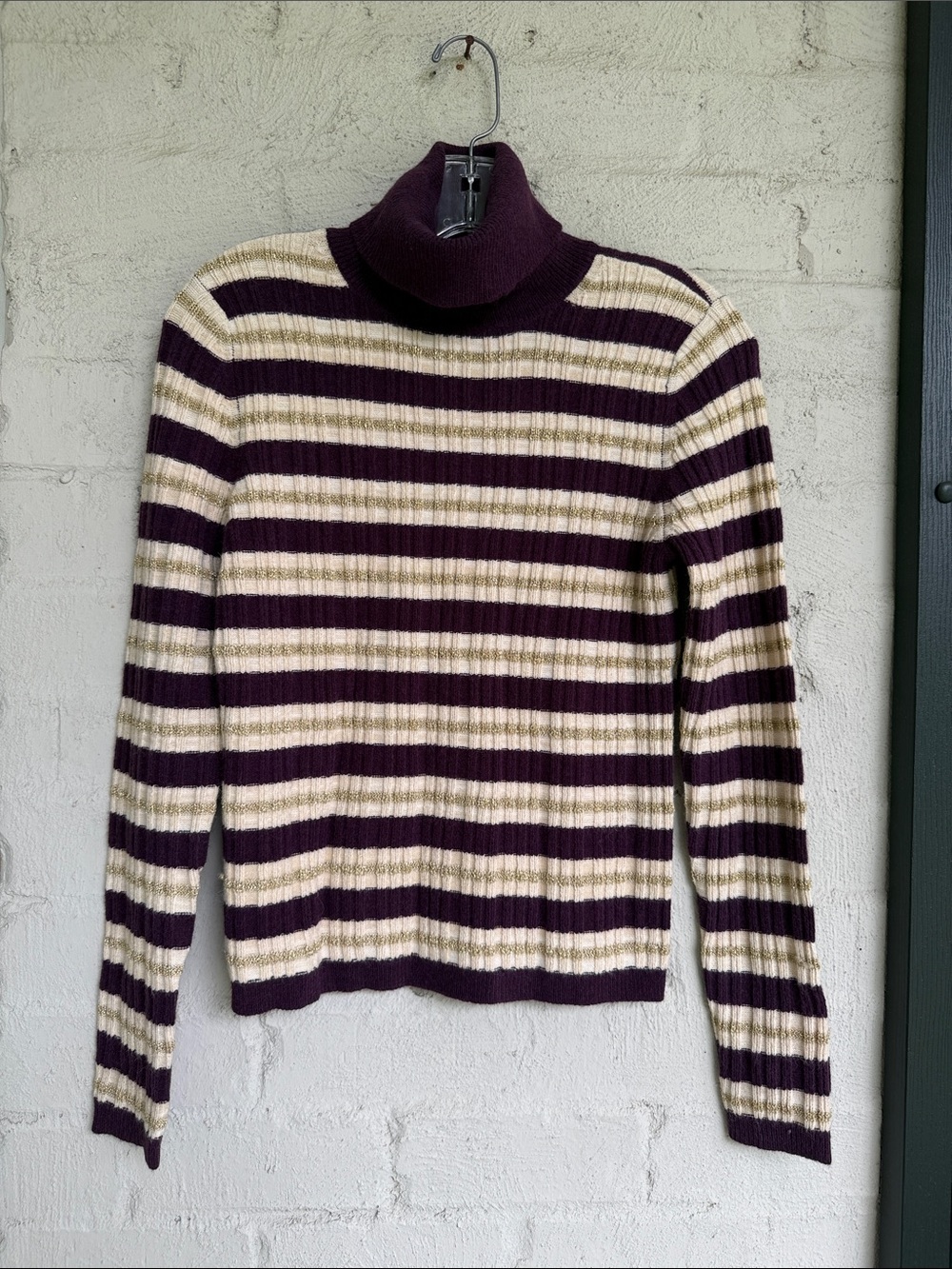 NWT Ann Taylor Purple/Gold Striped Ribbed Knit Turtleneck Sweater Size Small - Picture 11 of 11